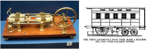 Figure 10 : À gauche, maquette du moteur oscillant de Page - deux paires de bobines alignées en tête à tête, alimentées successivement, attirent à tour de rôle la barre en fer. Le mouvement alternatif de la barre est converti en mouvement de rotation par le mécanisme bielle-manivelle. À droite, croquis de la locomotive électrique (à gauche, Smithsonian's Museum/Public Domain ; à droite, illustration Wikipedia)