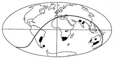 Figure 11 : Traces glaciaires de l’ère permo-carbonifère. Elles tendent à montrer que certaines zones (comme les zones marquées de l’Afrique du Sud et de l’Amérique du Sud) se jouxtaient (image extraite de l’ouvrage de Wegener, 1922).