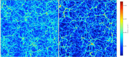 Figure 13 : Simulations de la répartition de matière baryonique (matière ordinaire) dans une tranche d'Univers (image Shankar Agarwal & Hume Feldman,University of Kansas, 2010).