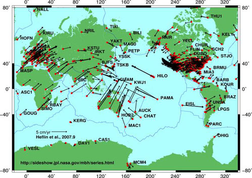 Figure 14 : Mouvements mesurés par satellite GPS de la dérive des plaques océaniques et continentales (source NASA). Cette carte confirme de nos jours la dérive du Groenland et de l’Amérique du Nord vers l’Ouest, et celle de l’Europe vers l’Est.