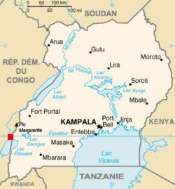 Figure 1 : Carte de l’Ouganda actuel. La Ville d’Ishango est en République démocratique du Congo (ancienne colonie du royaume de Belgique), près de l’Ouganda, au nord du lac Edward (son lieu a été figuré approximativement par un carré rouge).