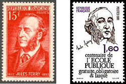 Figure 1: Deux timbres français consacrés à Jules Ferry (1832-1893). Le premier (à gauche) date de mars 1951, et le second de septembre 1981, à l’occasion du centenaire des lois sur l’école.