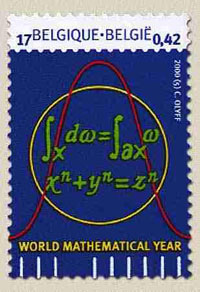 Figure 2 : Timbre émis en 2000 par la Poste belge pour l’Année internationale des mathématiques. Les tirets verticaux sont une allusion aux encoches de l’os d’Ishango.