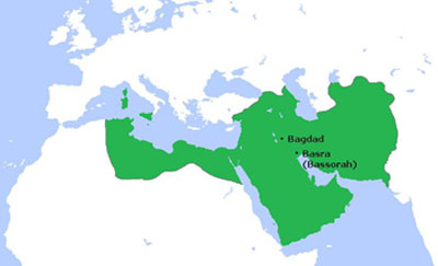 Fig. 2 : Le califat abbasside à son apogée, au VIIIe et IXe siècles (image WikiCommons auteur Gabagool)