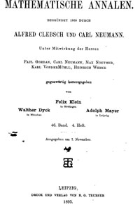 Figure 2 : La couverture des Mathematische Annalen (1895) contenant l’article de Cantor. Cette revue (qui existe toujours) avait été fondée en 1868 par les mathématiciens allemands Alfred Clebsch (1833-1872) et Carl Gottfried Neumann (1832-1925). On relève aussi, parmi les précédents éditeurs, le nom de Félix Klein (1849-1925) (qui en avait été éditeur à partir de 1876).
