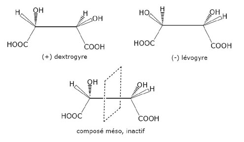 Figure 3 : Isomérie des tartrates, ou sels tartriques. L’acide tartrique (de formule brute C4H6O6) est un composé organique présent dans de nombreuses plantes, dont la vigne ; les sels issus de l’acide tartrique, ou tartrates, sont recueillis lors de la fermentation du vin. 3a (ci-dessus) : Le premier couple de tartrates, noté (+) (dextrogyre) et (-) (lévogyre) est composé par deux énantiomères (image l’un de l’autre). Le troisième composé, appelé « méso », qui comporte un plan de symétrie est inactif vis-à-vis de la lumière polarisée.