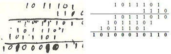 Figure 4 : (à g. texte de Leibniz, à dr. transcription) Multiplication 93 x 14 = 1302 (explications ci-après).
