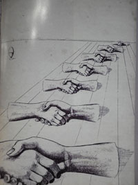 Figure 4 : Une vision de la bijection par le peintre et dessinateur Max Ernst (1891-1976) [Poèmes visibles, dessins de Max Ernst dans la revue Le Minotaure, 1934-1936, in D. Guedj, L’Empire des nombres, Gallimard, 1996, p. 118-119, ©AGADP].