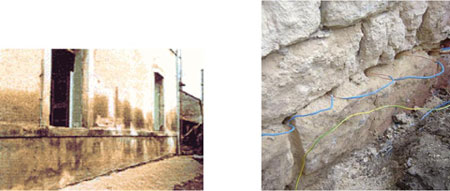 Figure 4 : Traitement des murs humides par électro-osmose ;  (à g.) L’eau remonte dans les capillaires du pôle positif (le sol) vers le pôle négatif (le mur), engendrant les dégâts ; (à dr.) La mise en place d’électrodes dans le mur (cuivre, pôle positif) et dans le sol (fer, pôle négatif) inverse la polarité naturelle mur/sol ; l’eau change le sens de sa migration. Des mortiers sont alors injectés par électro-phorèse pour boucher les capillaires (photos Sté Sofrelop, avec leur aimable autorisation).