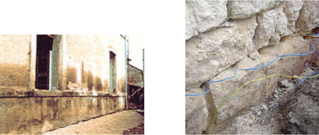 Figure 4 : Traitement des murs humides par électro-osmose ; (à g.) L’eau remonte dans les capillaires du pôle positif (le sol) vers le pôle négatif (le mur), engendrant les dégâts ; (à dr.) La mise en place d’électrodes dans le mur (cuivre, pôle positif) et dans le sol (fer, pôle négatif) inverse la polarité naturelle mur/sol ; l’eau change le sens de sa migration. Des mortiers sont alors injectés par électro-phorèse pour boucher les capillaires (photos Sté Sofrelop, avec leur aimable autorisation).