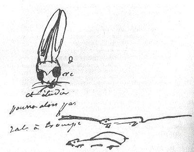 Figure 4 : En haut, la tête d’un lapin dont les oreilles sont soudées dans leur partie distale. En bas, rats à trompe (pétrodromes) [extraite du « Cahier rouge », de la main de Claude Bernard, et légende correspondante].