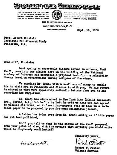Figure 4 : La lettre du 16 septembre 1936 de l’éditeur du Science Service à Einstein (EA 17-039, © Einstein Archives, The Hebrew University Jerusalem ; cité par Renn & Sauer).