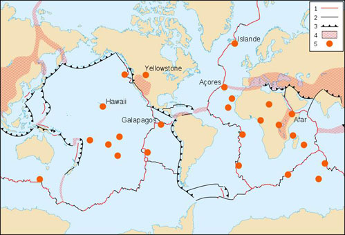 Figure 5 : En noir (légende 3), les limites de plaques de subduction (enfoncement à l’intérieur du manteau), dont celle qui va du Cap Horn à l’Alaska (un peu en-dessous du détroit de Behring évoqué par Montessus)