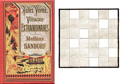 Figure 5 : L’édition originale (Hetzel 1885) de l’ouvrage, et la grille de déchiffrement qui y figure (WikiCommons).