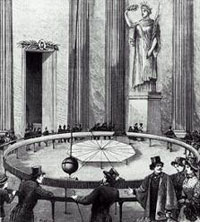 Figure 5 : L'expérience du pendule de Léon Foucault au Panthéon de Paris, en 1851. Ce pendule est réinstallé au Panthéon en 1995 (© Illustration Conservatoire national des arts et métiers).