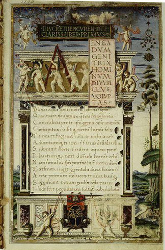 Figure 6 : Le poème philosophique de Lucrèce, De Rerum natura (Ier s. av. J.-C.). Copie de prestige faite pour le pape Sixte IV en 1483.