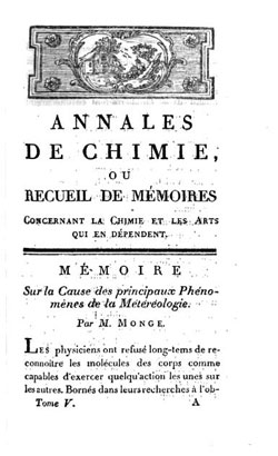 Figure 7 : Article de Monge, « Mémoire sur la Cause des principaux phénomènes de la météorologie », Annales de chimie, tome V (réédition 1800, p. 1 et ss)