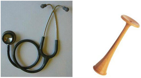 Figure 7 : (à g.) Le stéthoscope usuel moderne (image WikiCommons, auteur Luna04). C’est le médecin germano-américain David Littmann (1906-1981) qui donna cette forme définive à l’instrument dans les années 1960. On reconnaît l’en-bout (figure 4 ci-dessus sur la Planche 1), de nos jours pourvu d’une membrane. Le conduit auditif n’est plus une cavité dans un morceau de bois, mais un tube souple en caoutchouc ; (à dr.) Un stéthoscope fœtal moderne. Ce modèle, très analogue à celui de Laennec, est encore en usage de nos jours, chez certains généralistes et certaines sages-femmes ; il est aussi vendu dans le grand public (femmes enceintes) pour