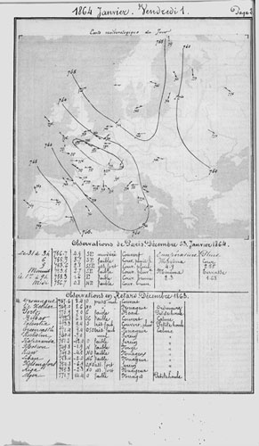 Figure 8 : Carte de la situation météorologique le 1er janvier 1864 à 8 heures. La carte comporte des isobares, et la force et la direction du vent figurées par des symboles semblables à ceux qui sont utilisés aujourd’hui (carte in J. Lequeux, Le Verrier, savant magnifique et détesté, EDP Sciences, 2009 ; p. 296) (collections Observatoire de Paris)