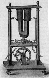 Figure 8 : Magnéto de Pixii. Mis en mouvement par une manivelle, l'aimant permanent en forme de fer à cheval tourne sur un axe vertical sous une bobine enroulée autour d'un noyau de fer. Ses pôles nord et sud, passant successivement à proximité du noyau en fer, font varier le champ magnétique et, en conséquence, induisent un courant électrique dans la bobine. En dessous de l'aimant, solidaire avec l'axe de rotation, se trouve le commutateur d'Ampère (illustration Wikipedia).