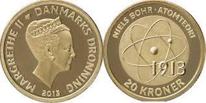 Figure 8 : Pièce de 20 kroner (couronnes) émise par la Banque du Danemark à l’occasion du centenaire des articles de Bohr (2013).