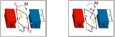 Figure A4 : Effet du champ magnétique B sur un cadre rectangulaire parcouru par un courant électrique I. Sur les côtés gauche et droit, les forces de Laplace F donnent naissance à un couple M qui fait tourner le cadre jusqu'à ce que celui-ci s'oriente verticalement, quand le bras de levier s'annule (figure de gauche). Une explication équivalente (figure de droite) : le moment magnétique m, engendré par le courant qui traverse le cadre, a tendance à s'orienter sur la direction du champ magnétique de l'aimant B (© Ilarion Pavel).