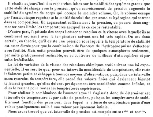 Figure 4 : Extrait de H. Le Chatelier, « la synthèse de l’ammoniaque », Comptes-rendus hebdomadaires de l’Académie des Sciences, CLXIV, 16 (1917) : 588-590.