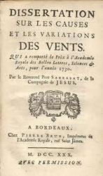 Figure 12 : La page de garde du traité Dissertation sur les causes et les variations des vents (1730).