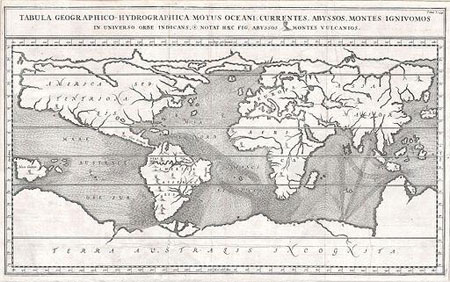 Figure 13 : Extraite de Mundus Subterraneus (1665), il s’agit sans doute de la première carte à figurer les courants océaniques (versé sur Wikimedia Commons par Geographicus Rare Antique Maps).