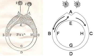 Figure 14: Le Soleil (S) ; avec la Terre et son atmosphère vue de dessus, depuis le pôle Nord ; avec l’Équateur (EFGH), les parties hautes de l’atmosphère tropicale (figure 1 de Sarrabat). Le lecteur peut imaginer qu’E est par exemple l’Afrique centrale, F l’Indonésie et H l’Amérique centrale, avec l’Atlantique entre E et H, l’océan Indien entre E et F.