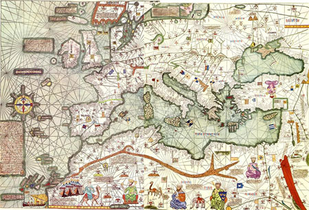 Figure 4 : Reconstitution de la partie occidentale de l’Atlas Catalan (1375), attribué à Abraham Cresques (v. 1325 – v. 1387) (WikiCommons)
