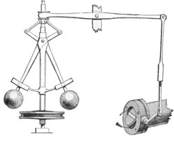Figure 4 : le régulateur centrifuge (1788) de la machine à vapeur de Watt. C’est un mécanisme de rétroaction : plus l’arbre du moteur tourne vite à gauche, plus les boules s’écartent, et viennent obturer le mécanisme d’admission de vapeur à droite, ce qui régule la vitesse de l’arbre moteur.