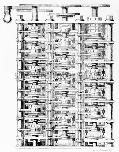 Figure 4 : (en haut : photo Carsten Ullrich, Wikipédia) Le Science Museum de Londres abrite une réalisation moderne de la machine aux différences. Partiellement aboutie en 1991, bicentenaire de la naissance de Babbage, elle est conforme au dernier projet de Babbage (en bas). On y distingue les colonnes dont les rotations exécutent les calculs d’addition ou de soustraction requis. Ce « codage » mécanique des nombres (qui apparaissent dans les roues), solution unique pour l’époque, se retrouve dans le projet de machine analytique. Depuis 2008, une réplique fonctionne aussi au Computer History Museum en Californie.
