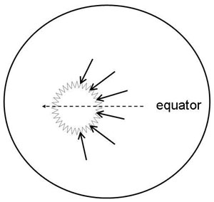 Fig. 5 : (ci-dessus) L’explication par Halley des vents alizés d’est. Comme le point de chaleur solaire maximale sur la surface terrestre se déplace vers l’ouest, l’air serait aspiré depuis l’arrière, affluent vers ce point pour remplacer l’air qui a été chauffé et s’est élevé dans l’atmosphère ;