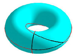 Figure 5 : Triangle rectangle 3D à bords circulaires, sur un tore, dont les bords sont un arc de méridien, un arc de parallèle et un arc de cercle de Villarceau (image Lionel Garnier, Université de Bourgogne, Revue électronique francophone d’informatique graphique, 2008)