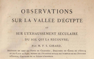 Figure 5 : Observations sur la vallée d'Égypte et sur l'exhaussement séculaire du sol qui la recouvre, 1817, Imprimerie royale (In-fol., 64 p. et planche) (image Gallica) ; ci-dessous, extrait de la planche de dessin, le Sphinx de Karnak, avec marque du ‘sol actuel’, bien au-dessus du piètement de la statue.