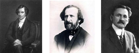 Figure 5 : François Arago (1786 - 1853), Hippolyte Fizeau (1819 – 1896), Albert Michelson (1852 – 1931). Trois physiciens ayant fourni des résultats expérimentaux cruciaux pour la future relativité restreinte.