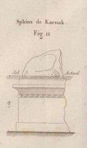 Figure 5 : Observations sur la vallée d'Égypte et sur l'exhaussement séculaire du sol qui la recouvre, 1817, Imprimerie royale (In-fol., 64 p. et planche) (image Gallica) ; ci-dessous, extrait de la planche de dessin, le Sphinx de Karnak, avec marque du ‘sol actuel’, bien au-dessus du piètement de la statue.