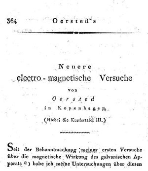 Figure 7 : Journal für Chemie und Physik, 1820, ajout en allemand d’Orsted à son texte latin du même numéro. Le titre est « Nouvelles expériences électromagnétiques ».