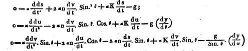 Figure 8: Laplace’s derivation of the deflection in component form (p. 112) The entities s, u and v correspond to distances, their first and second derivative to velocities and accelerations. The rotational velocity, corresponding to Ω in modern notation is here represented by n. Laplace has also considered the possible influence due to friction which is seen in the K-terms. In the end the air friction has very little impact on the deflection.