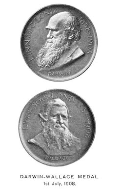 Figure 8 : La médaille (recto-verso) Darwin-Wallace, 1908. Elle est émise par la Société Linéenne cinquante ans après la présentation de leurs travaux en 1858 (textes de la Société Linéenne commentés ici)