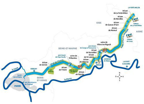 Figure 9 : Tracé du canal de l’Ourcq sur une carte contemporaine. L’Ourcq d’origine était une petite rivière prenant sa source dans l’Aisne près de Fère-en-Tardenois, passant à La Ferté-Milon (haut de la carte) et se jetant dans la Marne à Lizy s-Ourcq, un peu au nord de Meaux. Elle fut canalisée pendant une douzaine de kilomètres entre La Ferté et Mareuil, puis détournée en un canal qui prend la majeure partie de son eau en site propre, depuis Mareuil jusqu’à Paris-La Villette, sur une longueur de 97 km (image Mairie de Paris). 