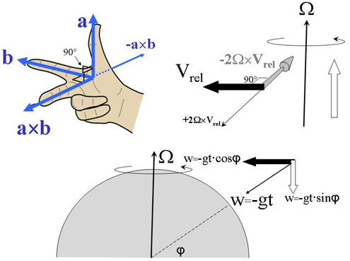 Figure 9: The relation between vectors a, b and their cross products a×b is facilitated through the “règle de la main droite” (left). From this it is easy to see (right) how the relative motion Vrel , a vector perpendicular to the rotational axis Ω is deflected to -2Ω×Vrel . Motions or components of motions, parallel to the rotational axis will not be affected, as indicated by the white vector to the far left. 