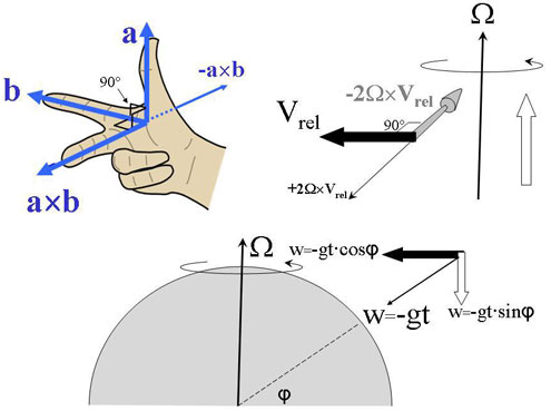 Figure 9: La correspondance entre les vecteurs a, b et leur produit vectoriel a×b est donnée par la règle de la main droite (à g.). De là, il est facile de voir (à dr.) comment le mouvement relatif Vrel , vecteur perpendiculaire à l'axe de rotation Ω, est dévié d'une valeur de -2Ω×Vrel .  Les mouvements parallèles à l'axe ne seront pas déviés, comme l'indique la flèche blanche à l'extrême droite.