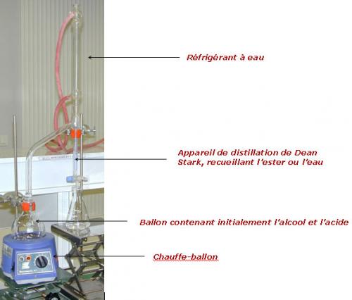 Figure 3 : dispositif d’une réaction d’estérification. Contrairement à ce que l’on pourrait croire, la chaleur apportée au mélange d’alcool et d’acide ne sert pas à produire plus d’ester. Le mélange est porté à ébullition pour extraire un des produits, l’ester ou l’eau, selon les réactifs. C’est la baisse de quantité de ce produit qui déplace l’équilibre dans le sens de la formation de plus d’ester.