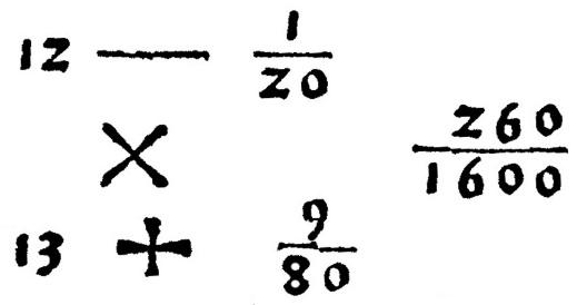 Figure 4 : Algorismus ratisbonensis de Widmann (ca 1450), folio 137r. Sur un problème qu’il se pose, la position 12 donne un défaut de 1/20 ; la position 13 un excès de 9/80. La différence des deux écarts est 260/1600, et la croix rappelle qu’il faudra faire le « produit en croix » au dénominateur.